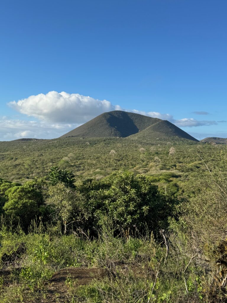 A volcanic cone rises above rolling green hills. The grater is highlighted by shadow